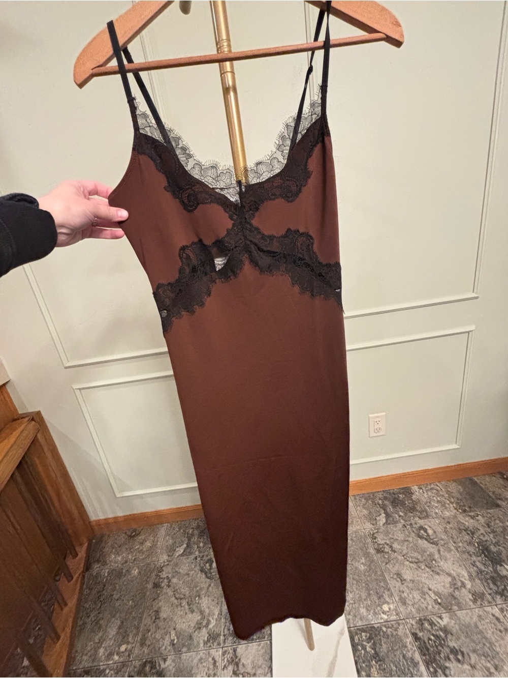 Zara Lace-Trim Slip Midi Dress in Chocolate Brown MSRP $80 - Picture 2 of 4